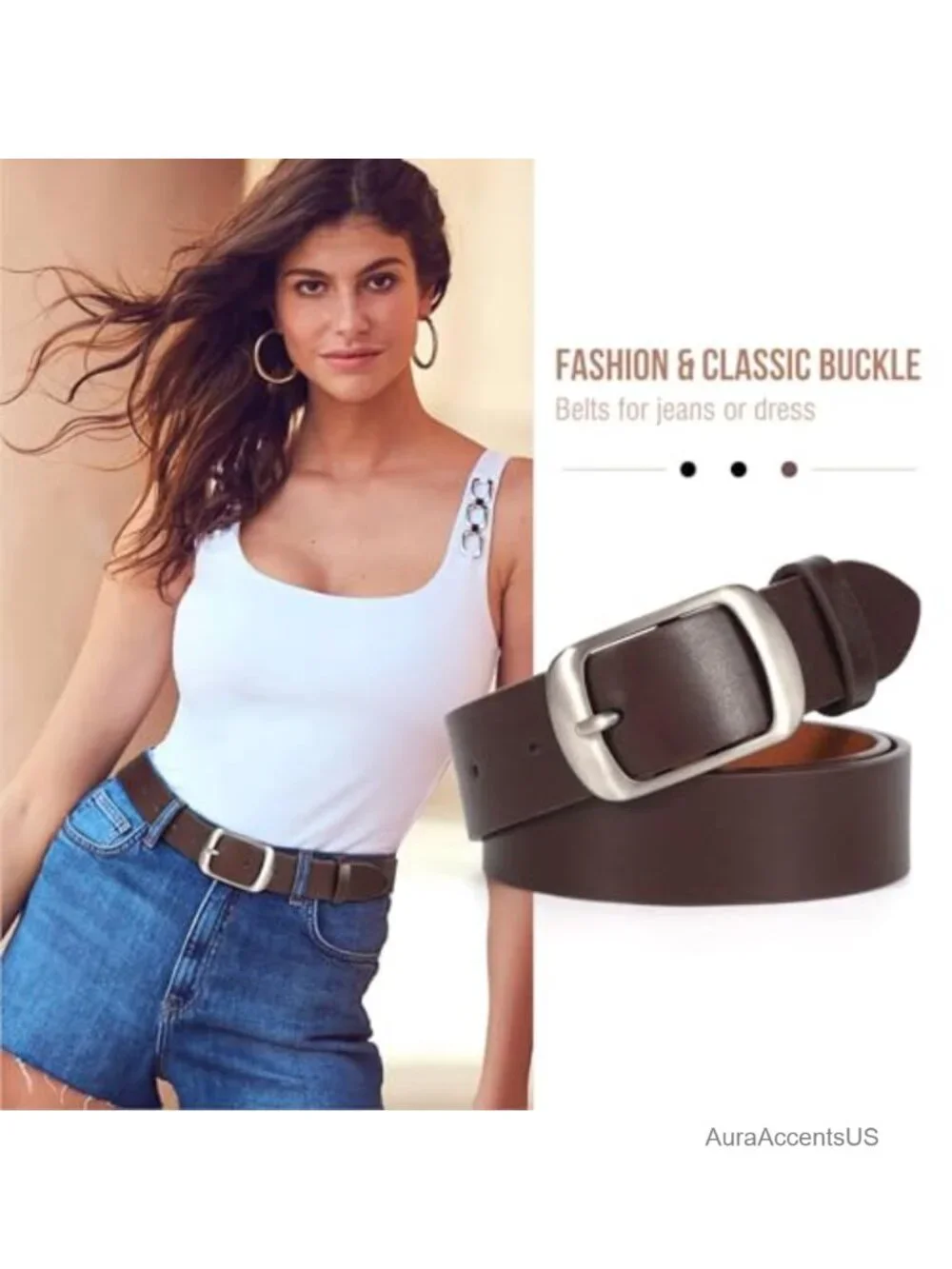 Faux Leather Women's Belt 2 Pack Detachable Buckle Classic Fit for Jeans &